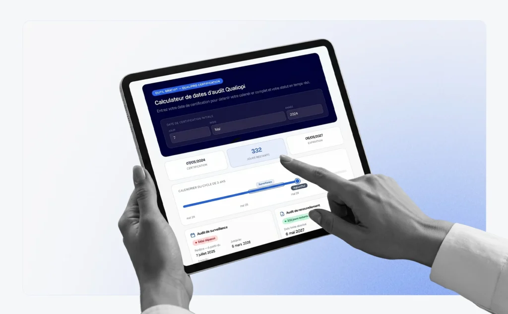 Calculateur de dates d'audit Qualiopi sur tablette – outil gratuit Qualipro Certification